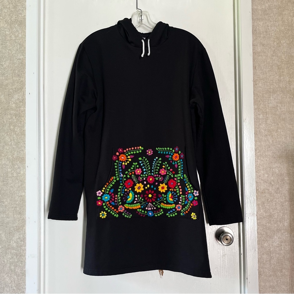 Nativa Handmade in Mexico Black Hoodie Dress with Colorful Embroidered Pocket